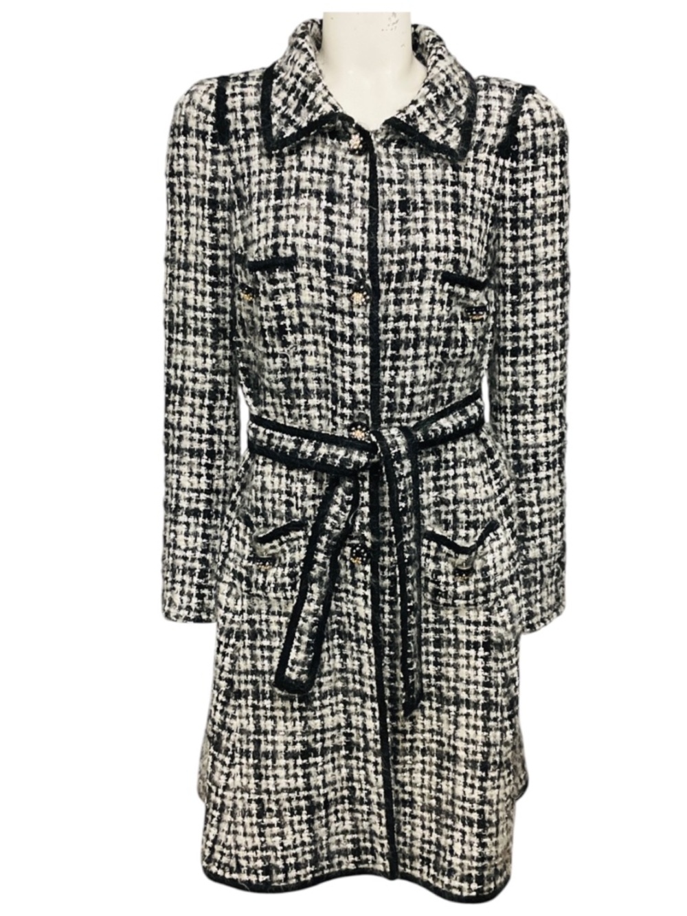 EDWARD ACHOUR BLACK / WHITE BELTED TWEED COAT WITH CRYSTAL BUTTONS